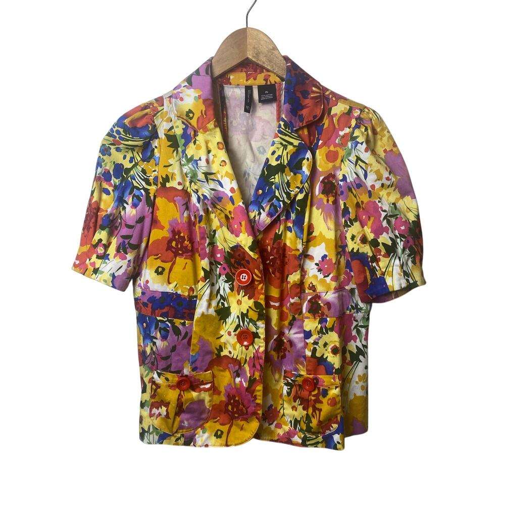 New Directions Women's Colorful Floral Puff 1/2 Sleeve Jacket Size Large Petite